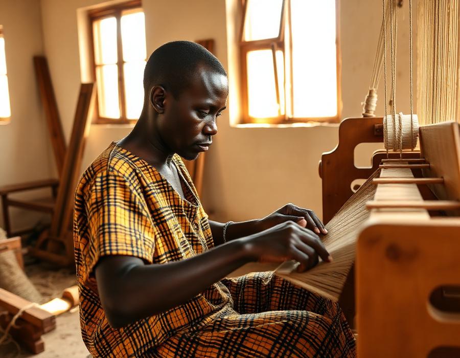 African artisan weaving kente cloth
